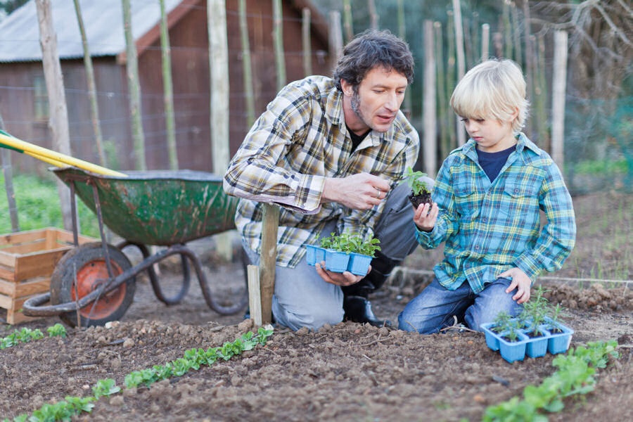 Ein Vater mit seinem kleinen Sohn bei der Gartenarbeit.